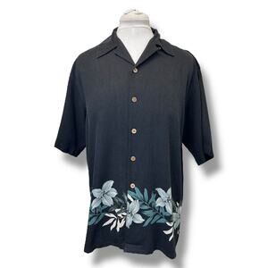 Paradise Coves Mens Button Down Silk Hawaiian Shirt, Black, size M